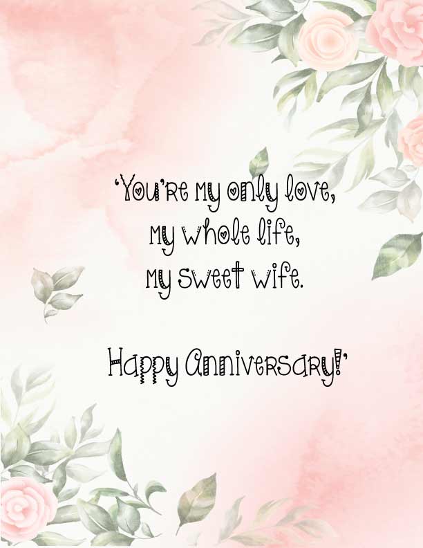 LIST OF WEDDING ANNIVERSARY WISHES FOR WIFE-KAVEESH NONNY-1.	‘You’re my only love, my whole life, my sweet wife. Happy Anniversary!’