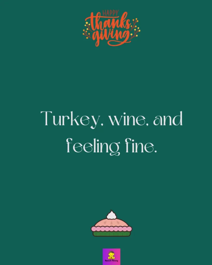 Gratitude Thanksgiving Captions for friends -Turkey, wine, and feeling fine.