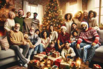 "A large, multigenerational and multiethnic family gathers to celebrate Christmas in a cozy living room decorated with festive ornaments, a Christmas tree, and twinkling lights. Members are exchanging gifts and enjoying the holiday spirit together, with joyful expressions and holiday attire."