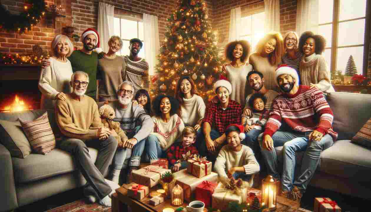 "A large, multigenerational and multiethnic family gathers to celebrate Christmas in a cozy living room decorated with festive ornaments, a Christmas tree, and twinkling lights. Members are exchanging gifts and enjoying the holiday spirit together, with joyful expressions and holiday attire."