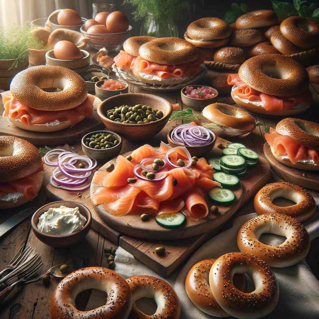 Smoked Salmon Bagel Bar: Lay out bagels, smoked salmon, cream cheese, capers, red onion, and cucumbers. Everyone can build their own, making it a fun and interactive meal.