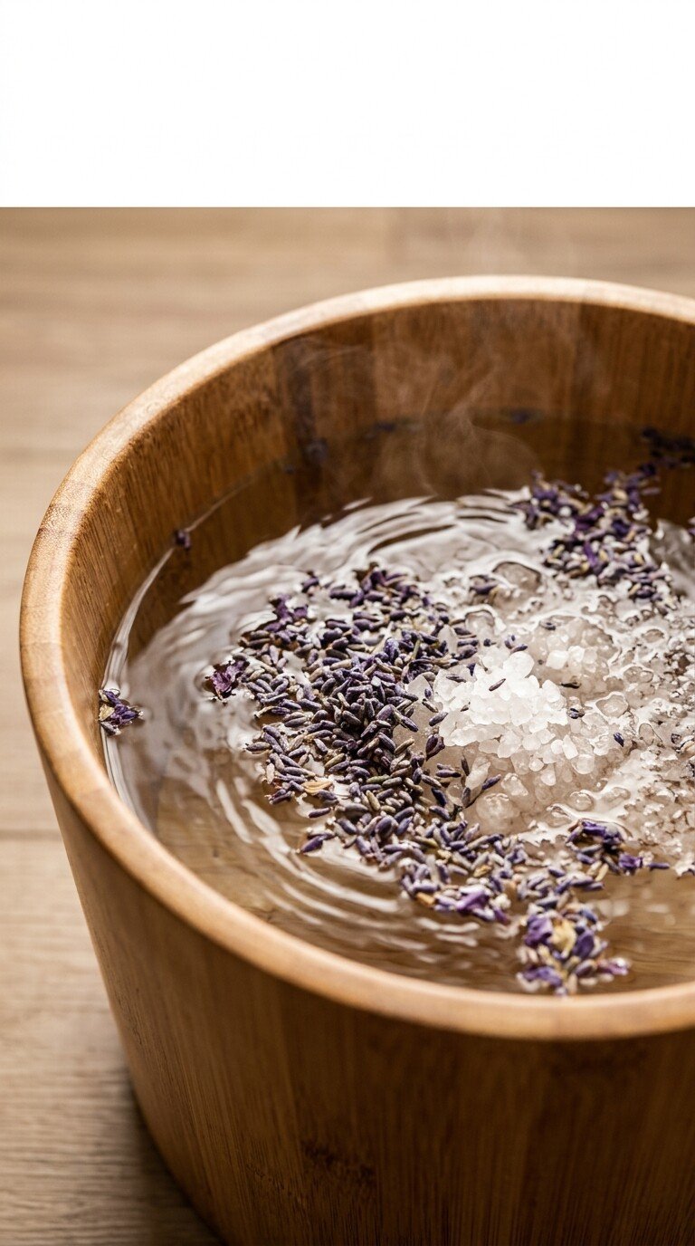 A detailed macro view of a rustic wooden bamboo bowl filled with warm steaming water, floating dried lavender buds, and coarse sea salt crystals for a relaxing foot soak.