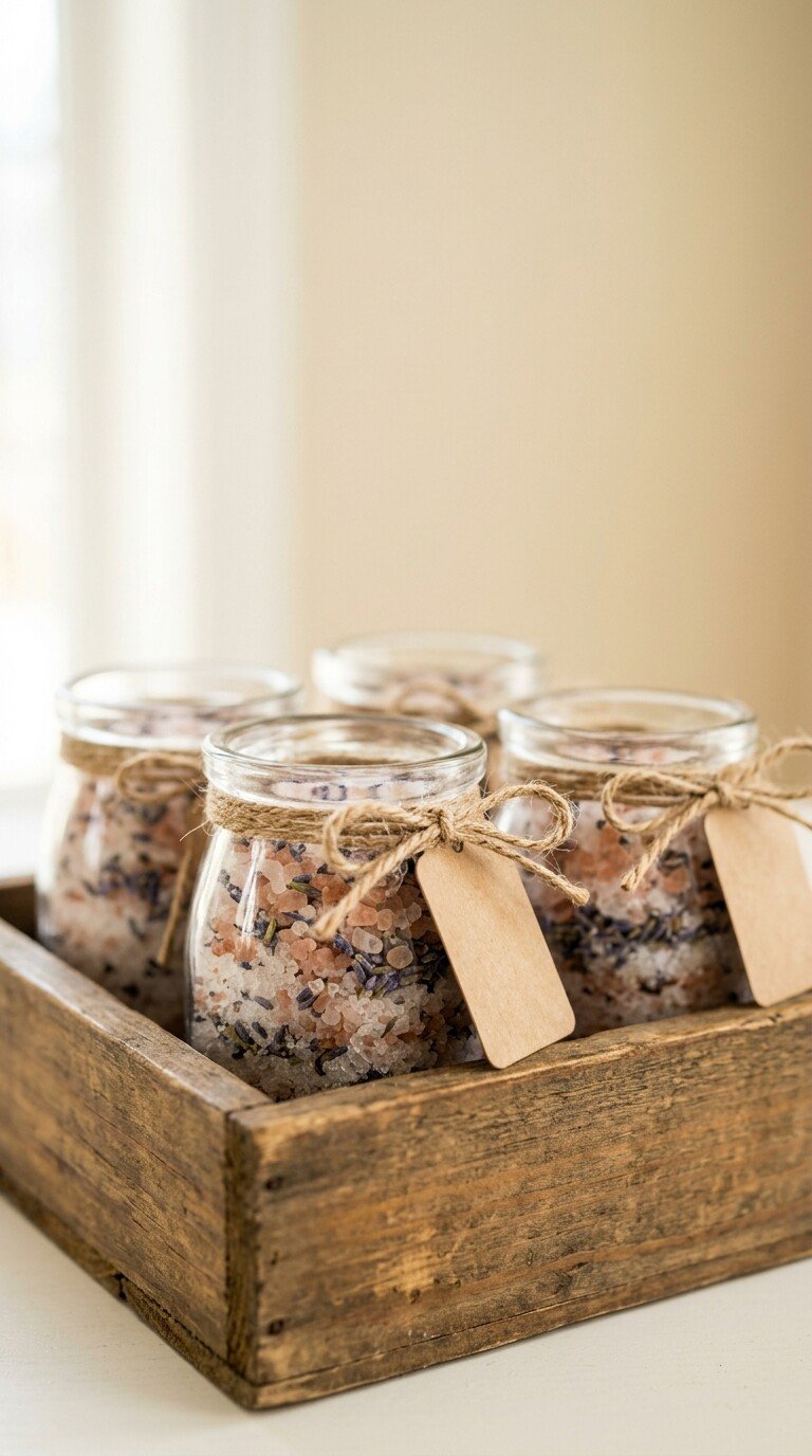 Four small glass jars filled with homemade layered pink Himalayan bath salts and dried lavender buds inside a rustic wooden crate with blank kraft paper tags.