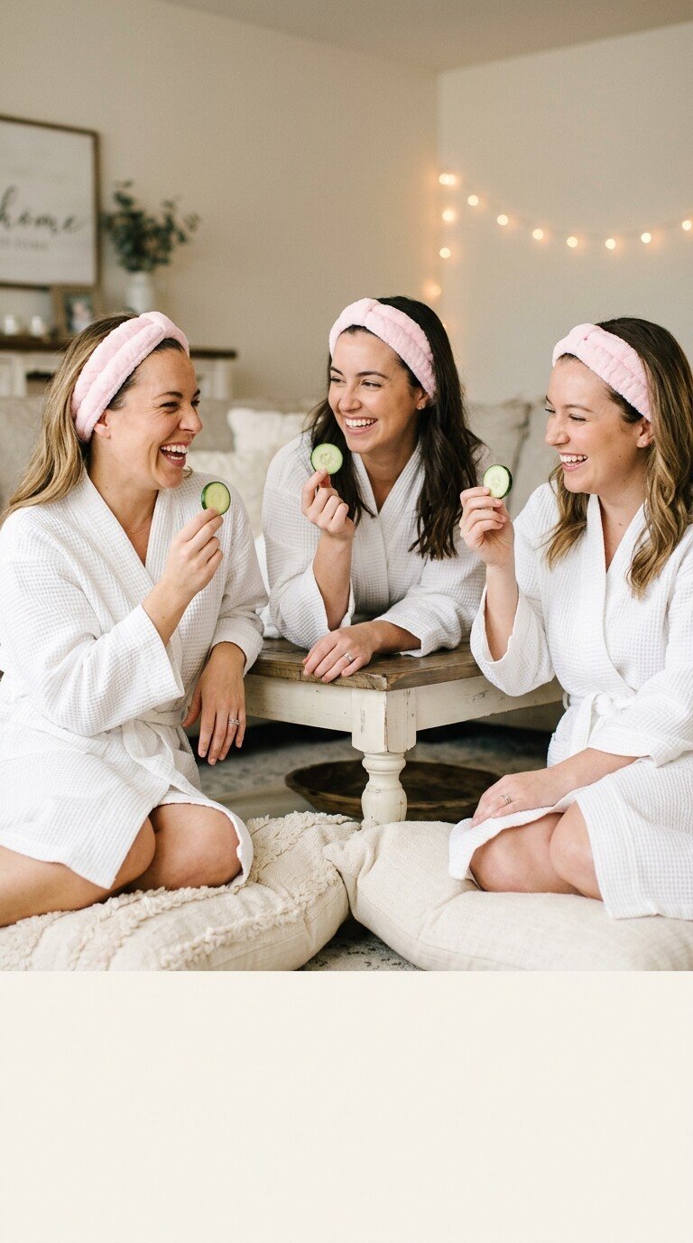 Three smiling women in white waffle robes and pink headbands sitting on cozy floor cushions, laughing and holding cucumber slices during a Galentine's day spa night.