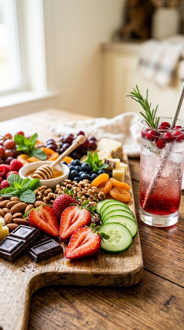 A wooden grazing board filled with fresh strawberries, blueberries, nuts, and cucumber slices next to a red sparkling berry mocktail with a rosemary garnish for a spa party.