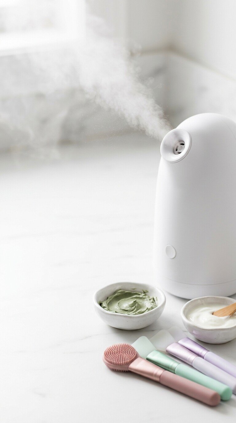 A white nano-ionic facial steamer blowing steam next to small bowls of green clay mask and cream yogurt with colorful silicone face mask application brushes on marble.