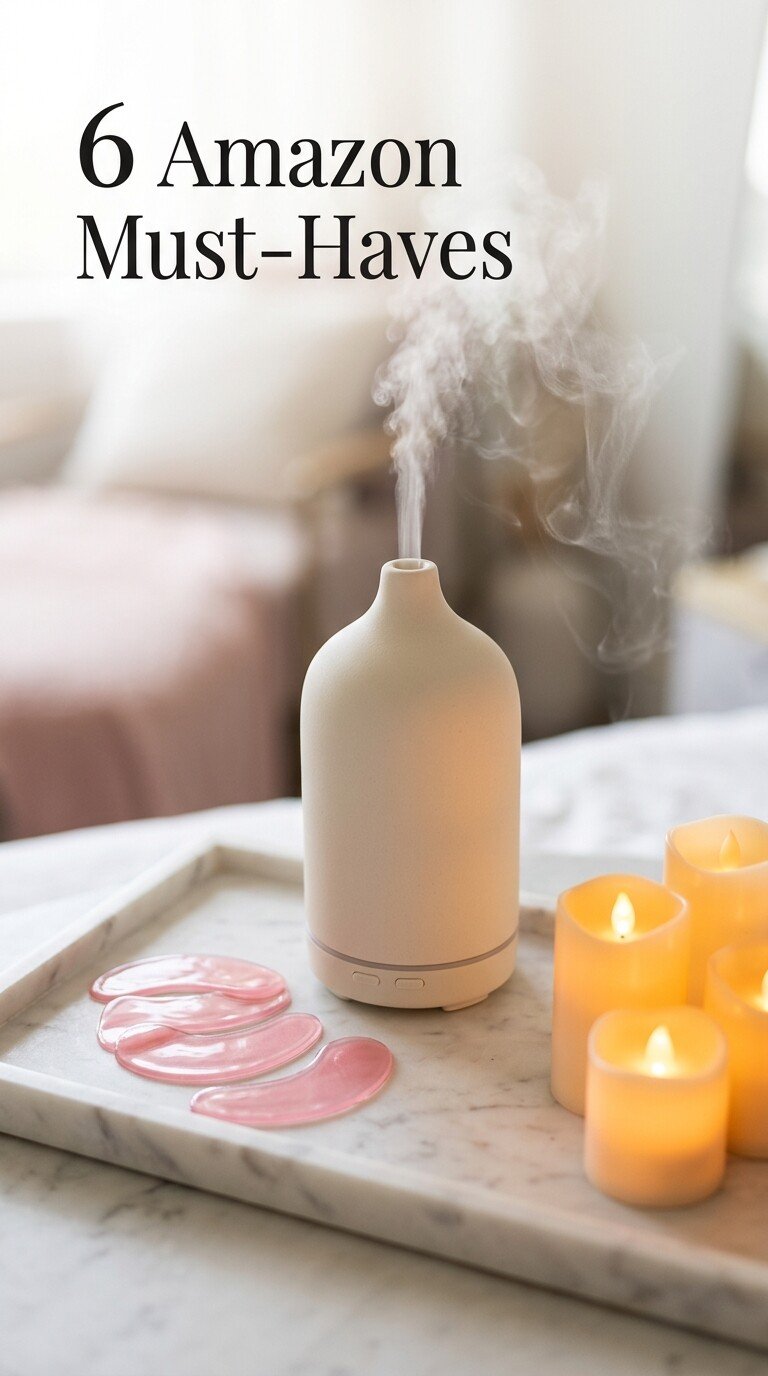 A white ceramic oil diffuser, pink gel under-eye patches, and a cluster of lit flameless LED candles on a marble tray with text overlay reading "6 Amazon Must-Haves".