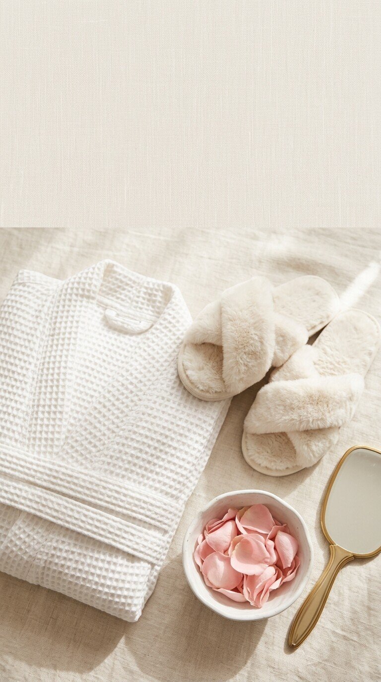 A flat lay composition of a folded white waffle bathrobe, plush cream faux-fur slippers, a gold hand mirror, and a bowl of pink rose petals on a light neutral linen background.