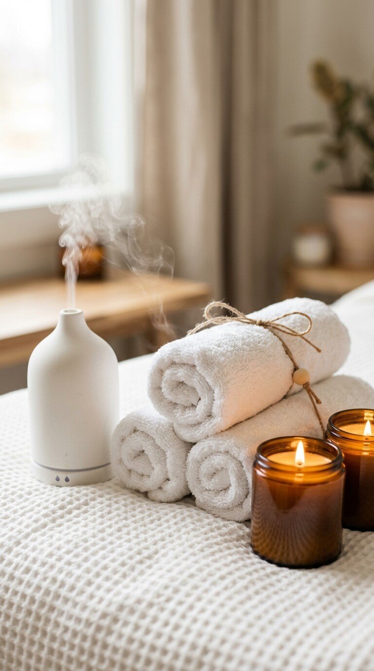 A white ceramic essential oil diffuser emitting steam next to a stack of rolled white towels tied with twine and two lit amber glass soy candles on a white waffle blanket.