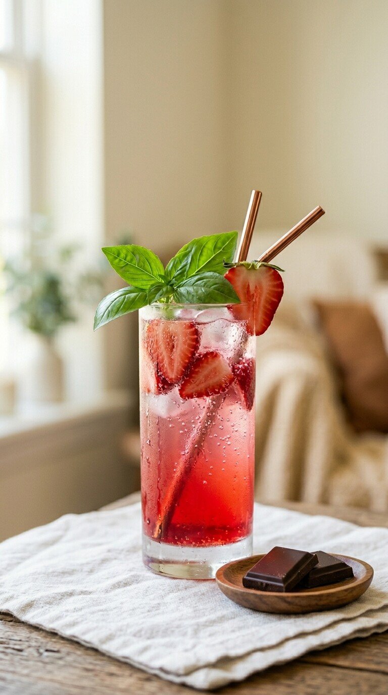 A tall highball glass filled with a fizzy red strawberry basil mocktail and metal straws, served next to a small wooden dish holding dark chocolate squares.