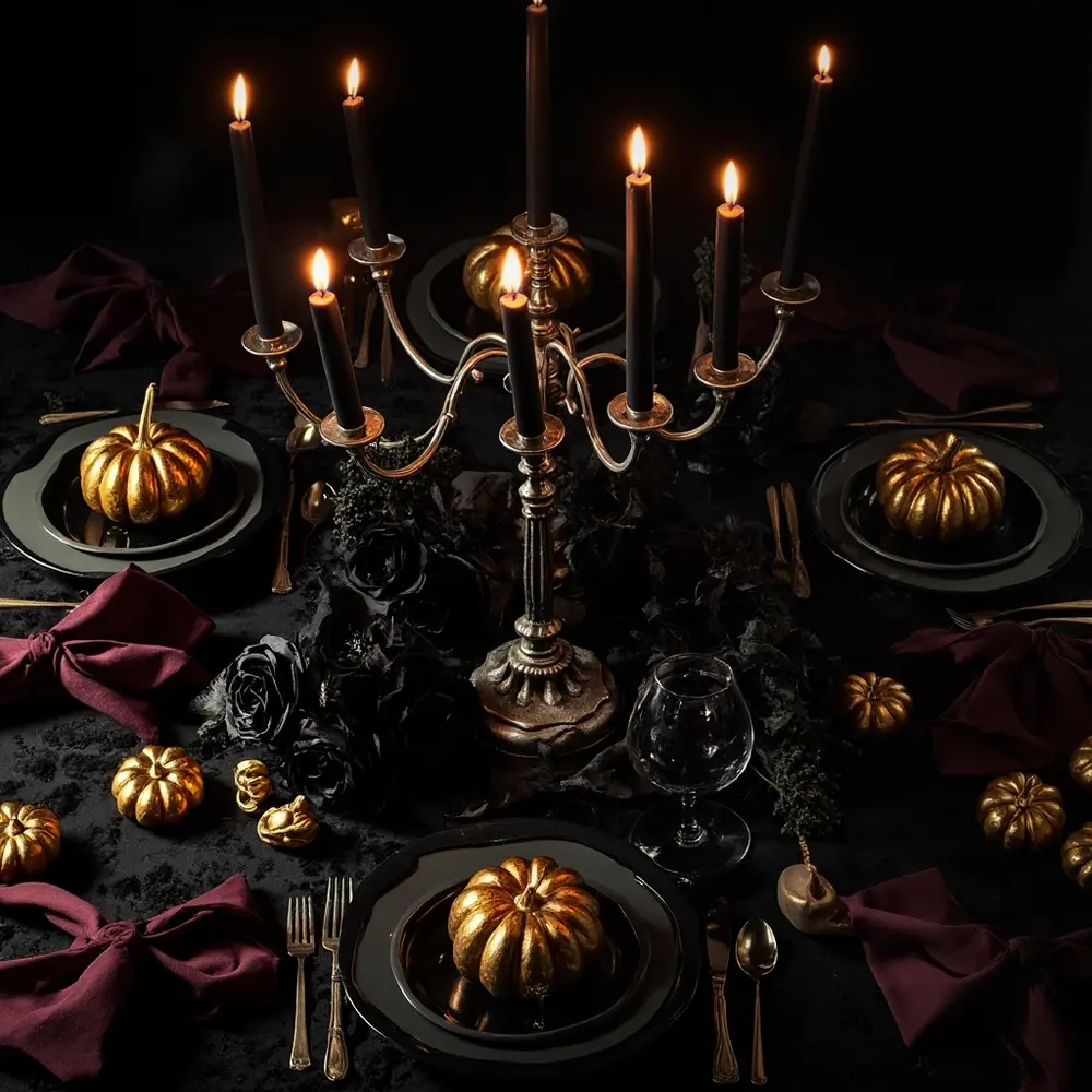 Stick to a strict color palette of black, gold, and maybe a deep burgundy or purple. Spray paint pumpkins gold and use black roses.
