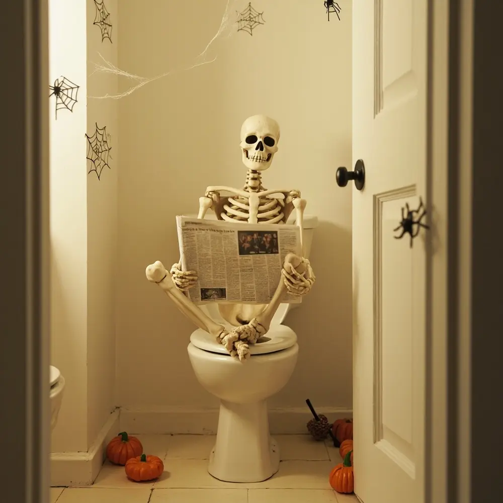 How to Pose Skeletons for Maximum Spooky (and Funny) Effect 11 “I’ve Been Waiting For You…”: Place your skeleton on a toilet, reading a newspaper with its bony knees crossed. This is a true classic that always gets a laugh.