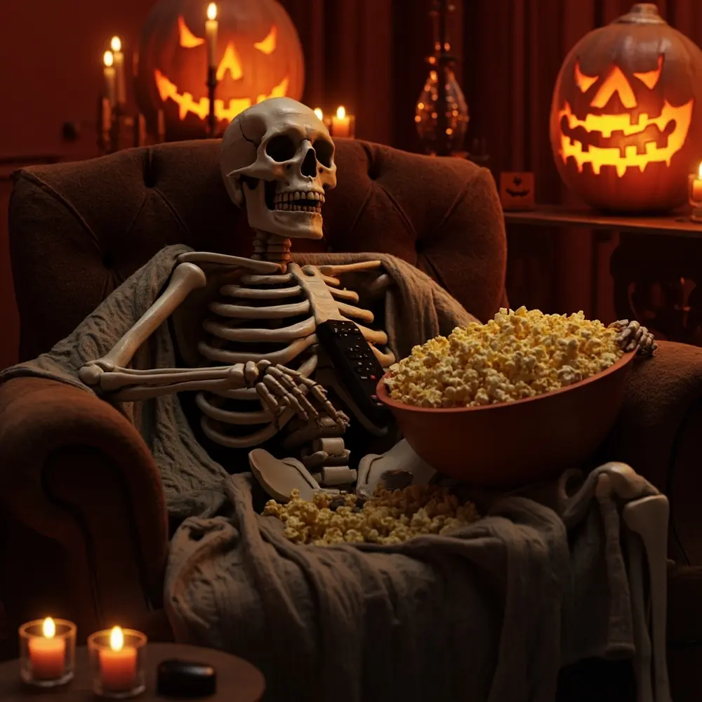 How to Pose Skeletons for Maximum Spooky (and Funny) Effect 10 The Eternal Binge-Watcher: Pose your skeleton on the couch, slouched over with a remote in one hand and a bowl of popcorn in its lap. Add a cozy blanket for extra effect.