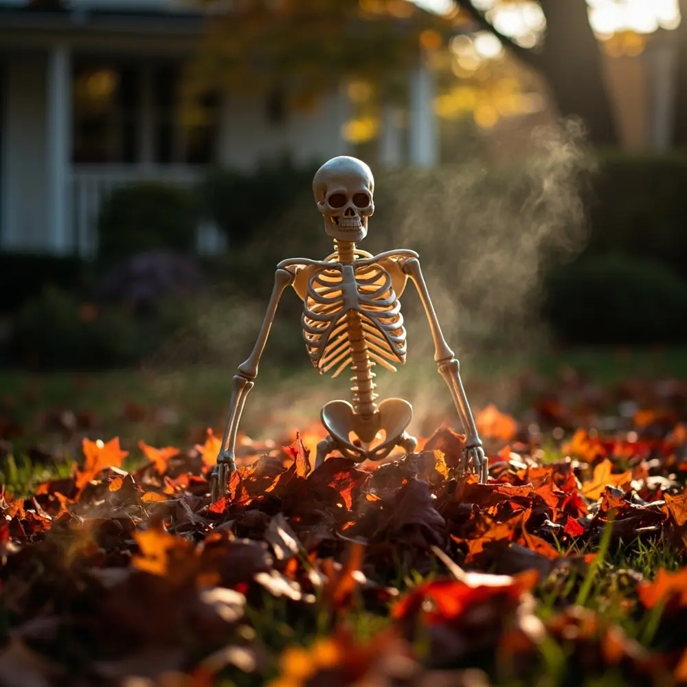 How to Pose Skeletons for Maximum Spooky (and Funny) Effect 13 Rising from the Grave: In your yard, pile dirt or leaves around the lower half of the skeleton to make it look like it’s crawling right out of the ground.