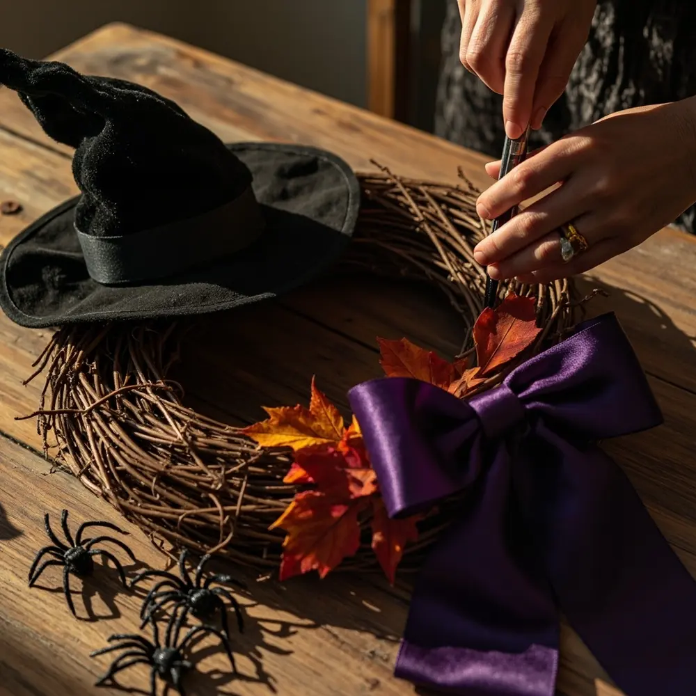 - How to Decorate with Witch Hats in Creative and Unexpected Ways 6 Project 2 – Craft a Spooky-Chic Witch Hat Wreath 🕸️