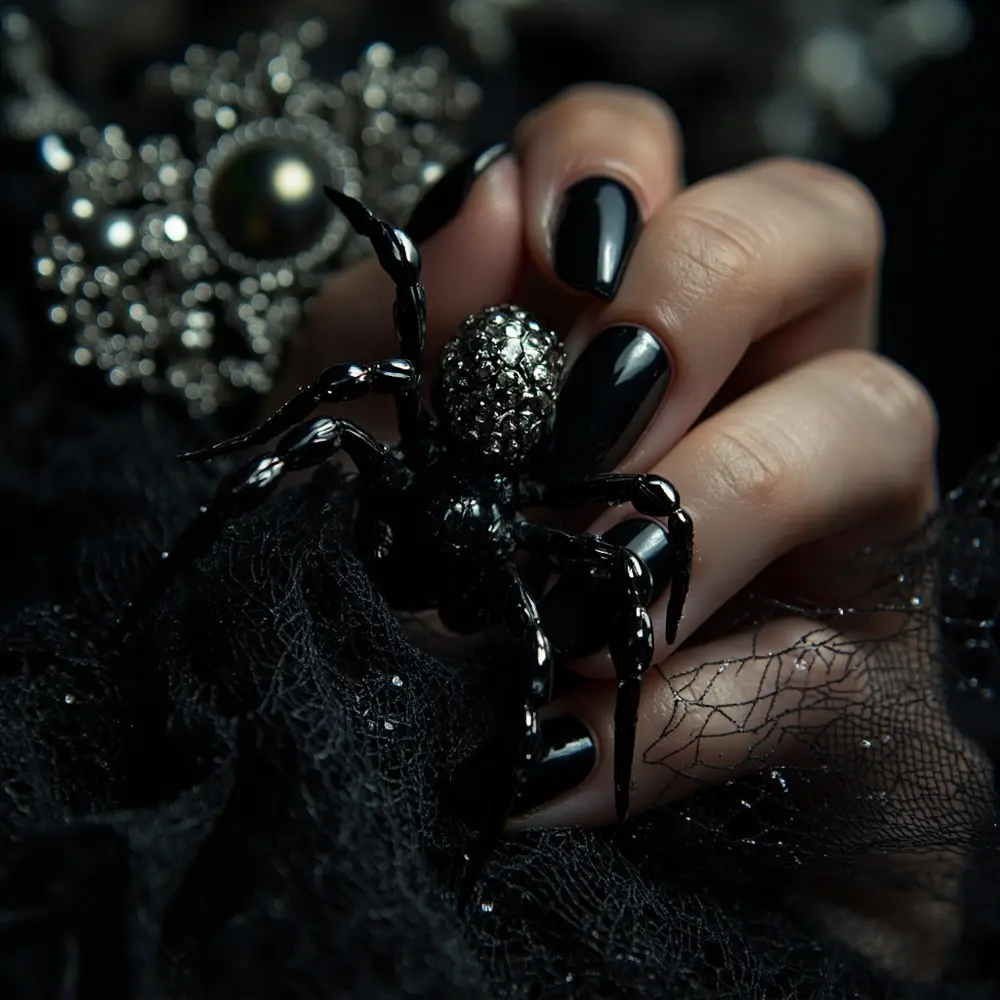 30+ Spooky & Chic Halloween Nail Art Ideas to Try in 2025 14 Idea: Jeweled Spider. A black nail with a spider made from a large black rhinestone for the body and a smaller one for the head, with thin legs painted on.