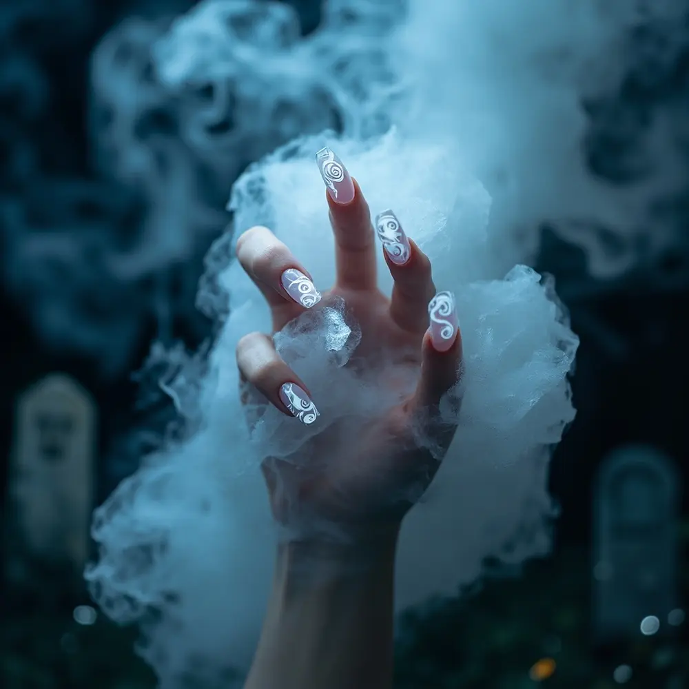 30+ Spooky & Chic Halloween Nail Art Ideas to Try in 2025 11 Idea: Smoky Ghost Wisps. A nude nail with an ethereal, wispy white design. You can get this look by swirling a tiny bit of white polish into a still-wet top coat.