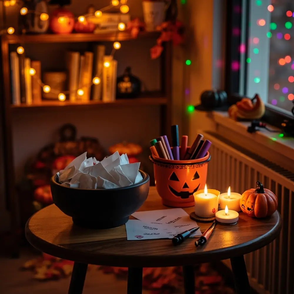 How to Host a Grown-Up Halloween Charades Night 1 Cozy orange charades small for holds pumpkin the plastic slips bucket up corner living over bowl set background a fun paper table and h3 draped in with room image decorative are string bookshelf 1 few black pens lights filled