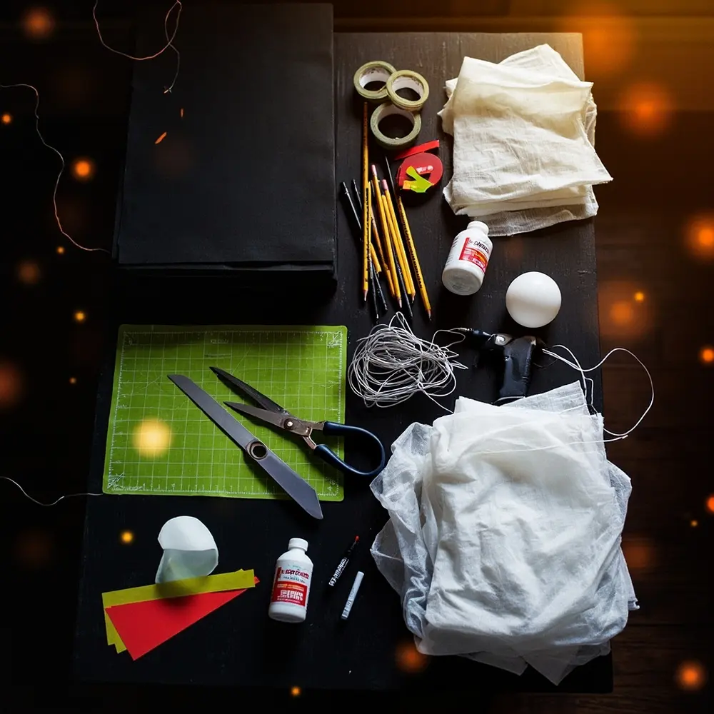 DIY Haunted House Decor: How to Make Spooky Silhouettes and Ghosts 1 Image-1: A flat-lay photo showing all the materials for both projects neatly arranged on a dark wooden table.