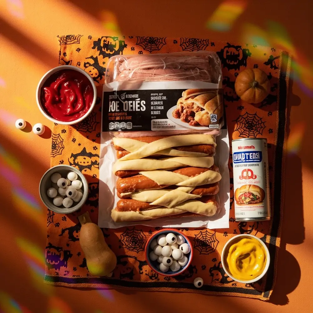 Recipe: How to Make Spooky and Delicious Mummy Dogs 1 Image-1: All the ingredients for mummy dogs—hot dogs, a can of crescent dough, and condiments—arranged neatly on a festive Halloween-themed kitchen towel.