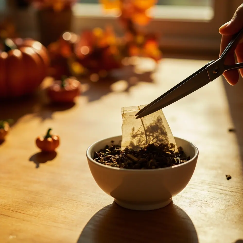 How to Make 'Flying Ghosts' with the Amazing Tea Bag Experiment 1 Small using snip hands the loose bag leaves up visible over bowl top tea a close off h3 to of with carefully image shot strong 1 inside scissors