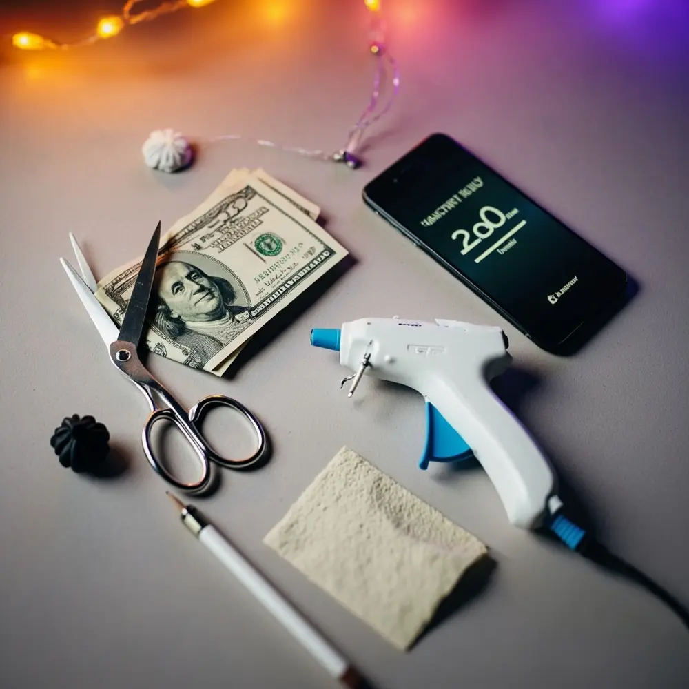 The $10 Dollar Store Craft Challenge: Who Can Make the Best Decoration? 1 Image-1: A flat-lay photo showing the essential supplies: a ten-dollar bill, a pair of scissors, a glue gun, a timer on a phone, and a simple scorecard.