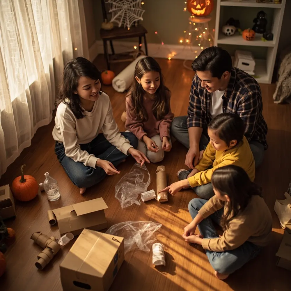 How to Engineer a Haunted House Using Recycled Materials 2 Kids the large plastic sitting pile jugs materials pointing clean excitedly a overhead around paper on and an brainstorming h3 family items ideas of at cardboard image rolls recycled shot are different floor 1 boxes