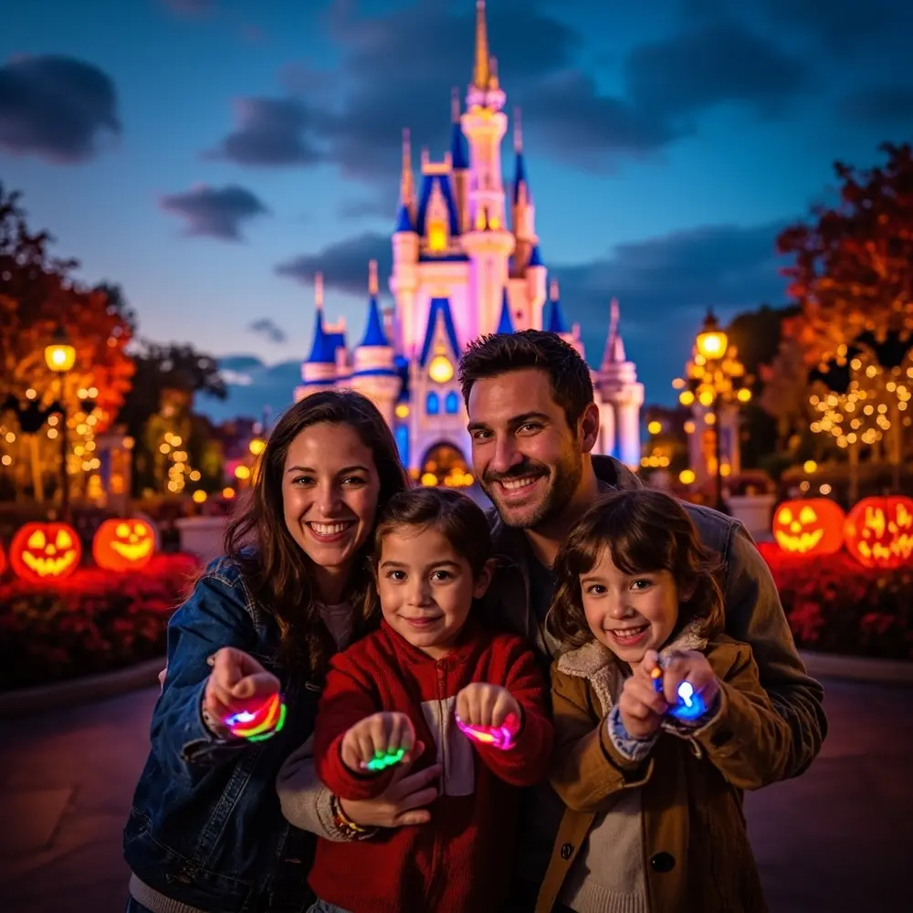 Your Complete Guide to Mickey's Not-So-Scary Halloween Party at Disney World 1 Mickey so happy brightly the scary showing iconic halloween wristbands visible s cinderella background a 8221 8220 castle off colored h3 family party their in with image not 1 proudly 8217