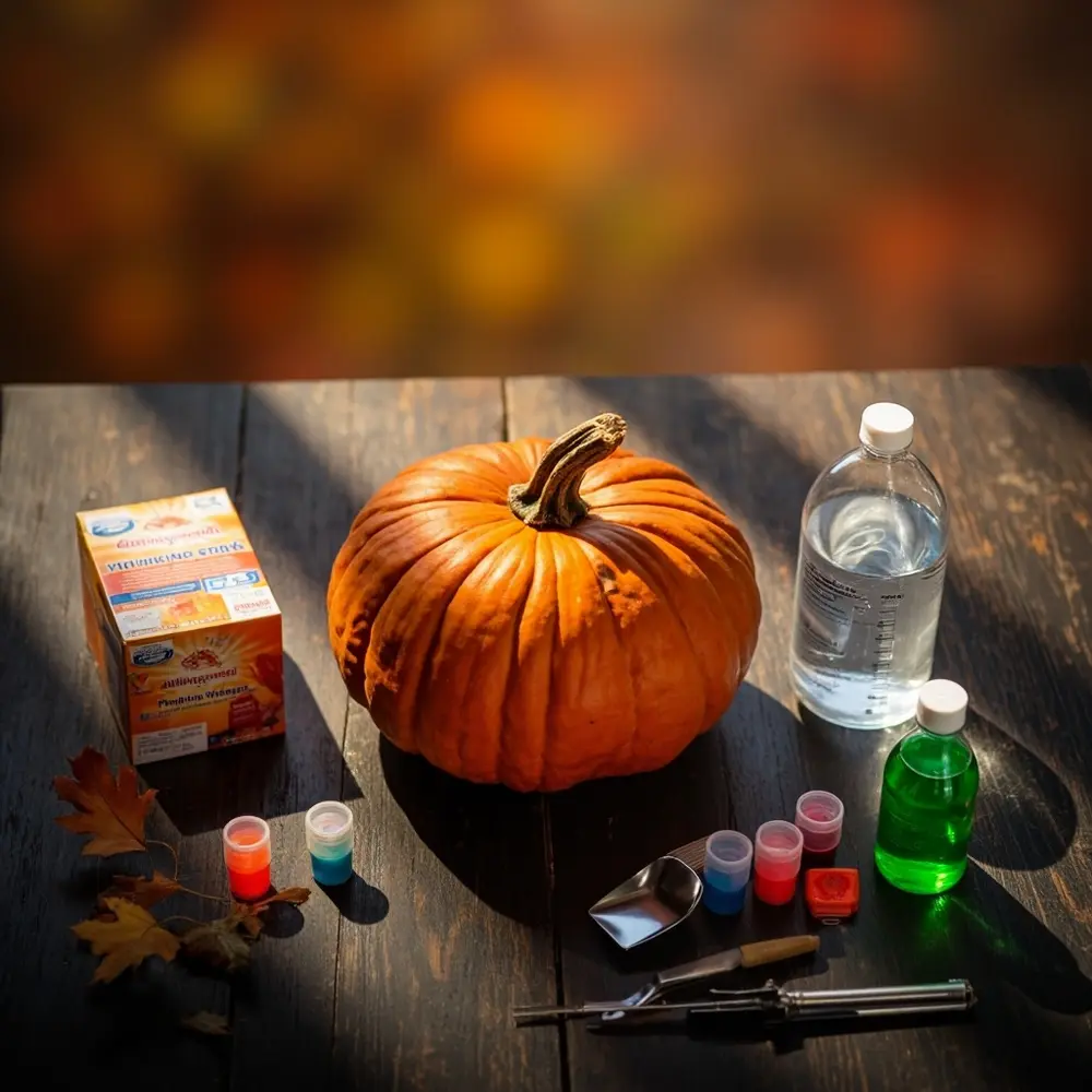 The Ultimate Pumpkin Volcano Experiment: A How-To Guide 1 Coloring arranged the pumpkin lay soap set dark rustic experiment materials neatly all clean a baking bottle wooden overhead carving on table an soda h3 dish and flat of food vials image shot box 1 vinegar tool