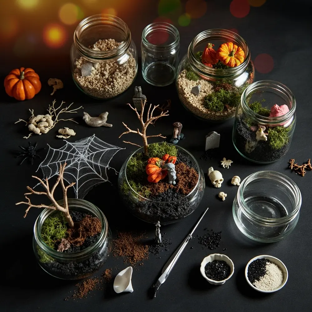 How to Create a Spooky Halloween Terrarium in a Jar 1 Image-1: A flat-lay photo showcasing all the necessary materials neatly arranged on a dark surface, ready for crafting.