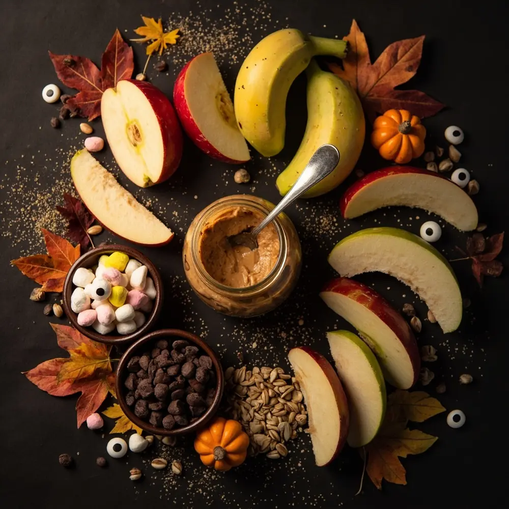 The Ultimate Guide to Making Healthy Halloween Treats (Apple Monsters, Banana Ghosts) 1 Image-1: A flat-lay photo showing all the ingredients neatly arranged on a dark-colored surface: apples, bananas, a jar of peanut butter, bowls of marshmallows, sunflower seeds, chocolate chips, and edible googly eyes.