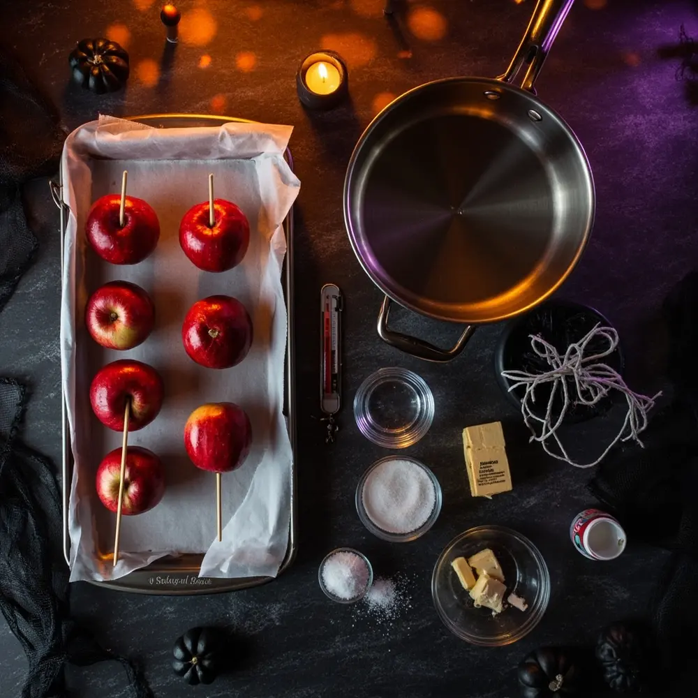 How to Make 'Poison' Candy Apples (with a Dark Caramel Drizzle) 1 Image-1: A flat-lay photo of all the ingredients and tools neatly arranged on a dark surface, creating a moody, ready-to-cook vibe.