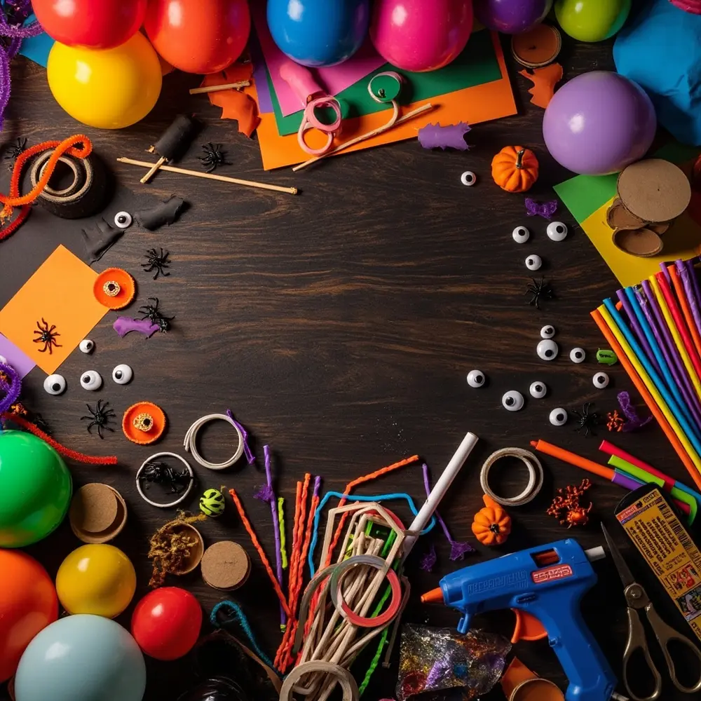 How to Build a Balloon-Powered Car for a Spooky Race 2 Arranged the playfully scene lay balloons create top dark craft materials neatly all vibrant a eyes scattered googly colored paper on table and inviting h3 to flat of like image shot are 1 colorful supplies down