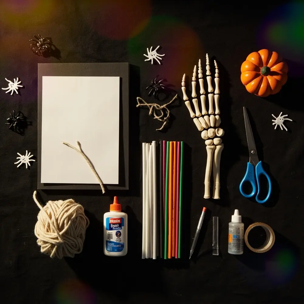 How to Craft a Moving Skeleton Hand from Paper and Straws 1 Image-1: A neat, top-down photo showing all the required materialsācardstock, straws, string, scissors, glue, and a pencilāarranged on a dark, festive tablecloth.