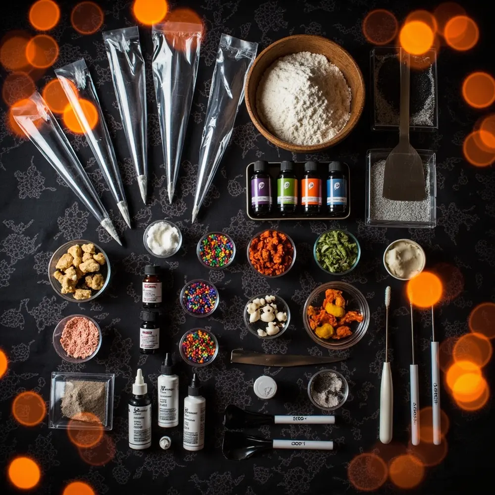 A Guide to Decorating Halloween Themed Sugar Cookies 1 Image-1: A flat-lay photo of all the necessary supplies arranged neatly on a dark, festive tablecloth. Items include piping bags, bowls of powdered sugar, gel food colorings, and various Halloween sprinkles.