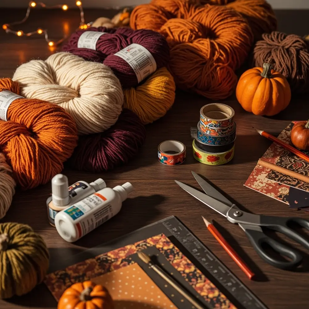 How to Decorate Pumpkins with Yarn, Paper, and Washi Tape 1 Image-1: A flat-lay photo showing all the supplies neatly arranged on a dark wood table: colorful yarn, patterned washi tape, decorative paper, scissors, glue, and a few clean pumpkins of different sizes.