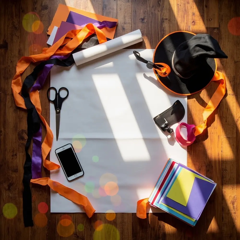 A Step-by-Step Guide to Setting Up a DIY Family Photo Booth 2 White construction arranged the witch showing lay sheet oversized hat neatly all a glasses wooden essential paper props on and h3 flat streamers smartphone photo like image floor 1 colorful booth scissors supplies including