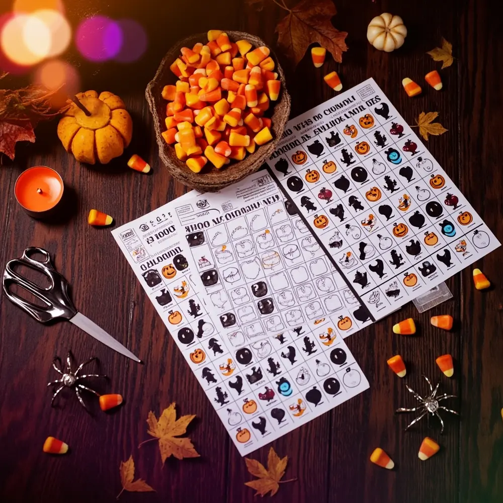 How to Plan and Run a Spooky Halloween Bingo Night at Home 1 Printed arranged the corn lay can night up sheet candy bowl cards dark vibrant all a see wooden on table and cut h3 flat of you photo image markers squares 1 call scissors supplies bingo