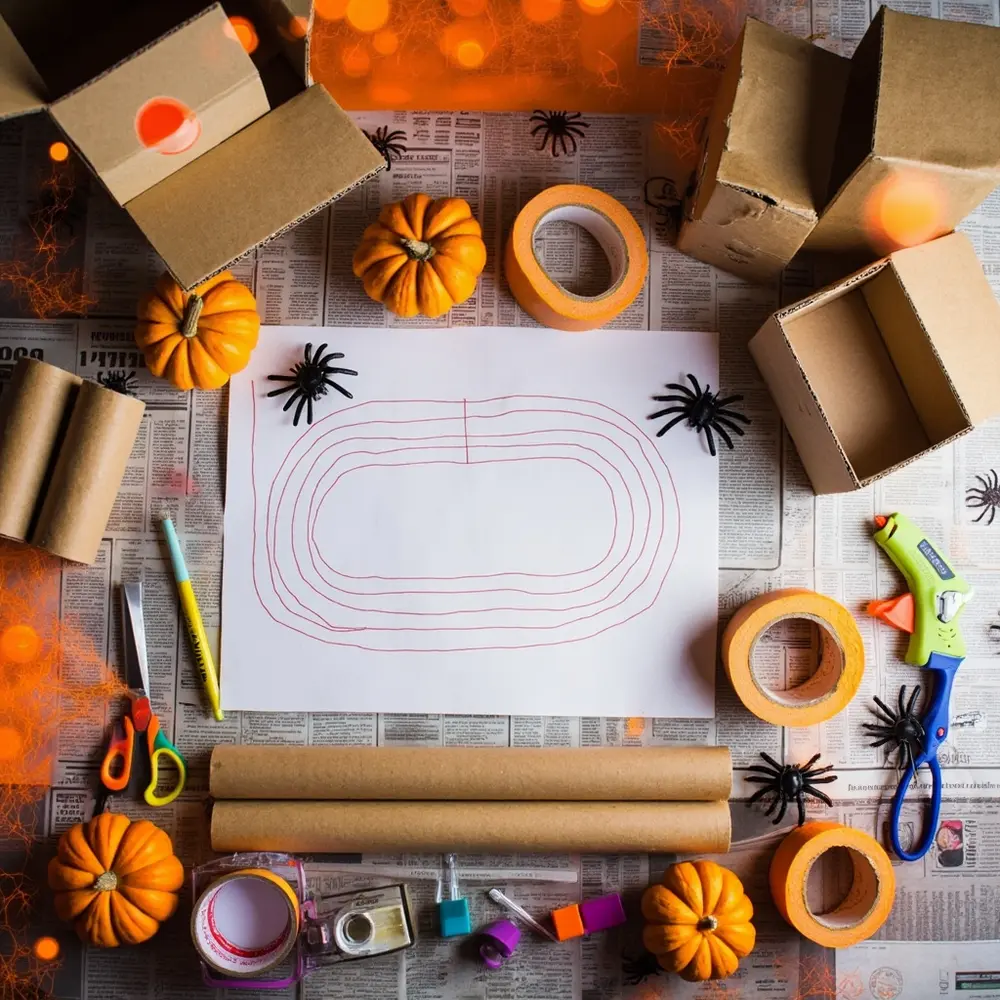 How to Build a Pumpkin Race Track and Learn About Gravity 1 Small arranged the space tape pumpkins top next craft materials neatly clean all a paper on and track h3 to sketch is of tubes with piece cardboard image hand shot strong floor 1 boxes simple race supplies design drawn down