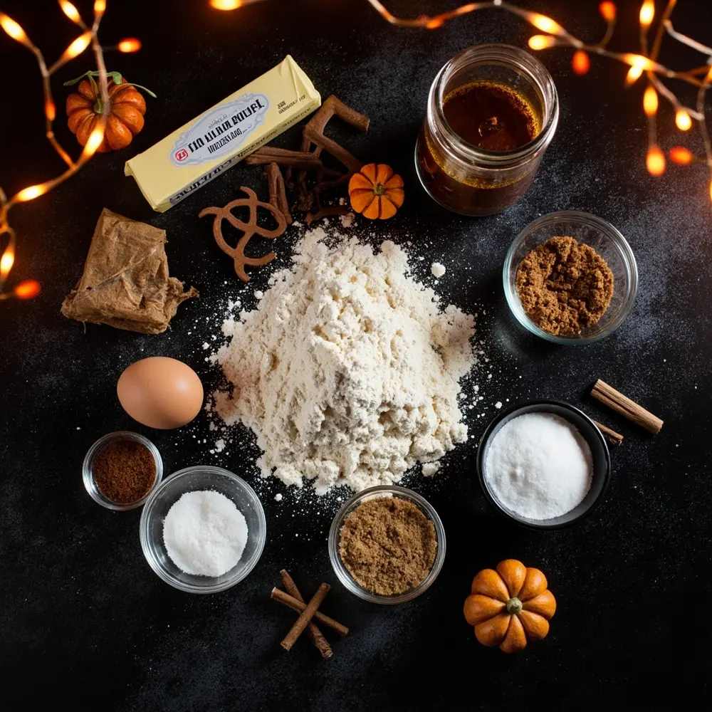 Recipe: How to Build Creepy-Cute DIY Haunted Gingerbread Houses 1 Image-1: A top-down shot of all the gingerbread dough ingredients measured and laid out neatly on a dark countertop.