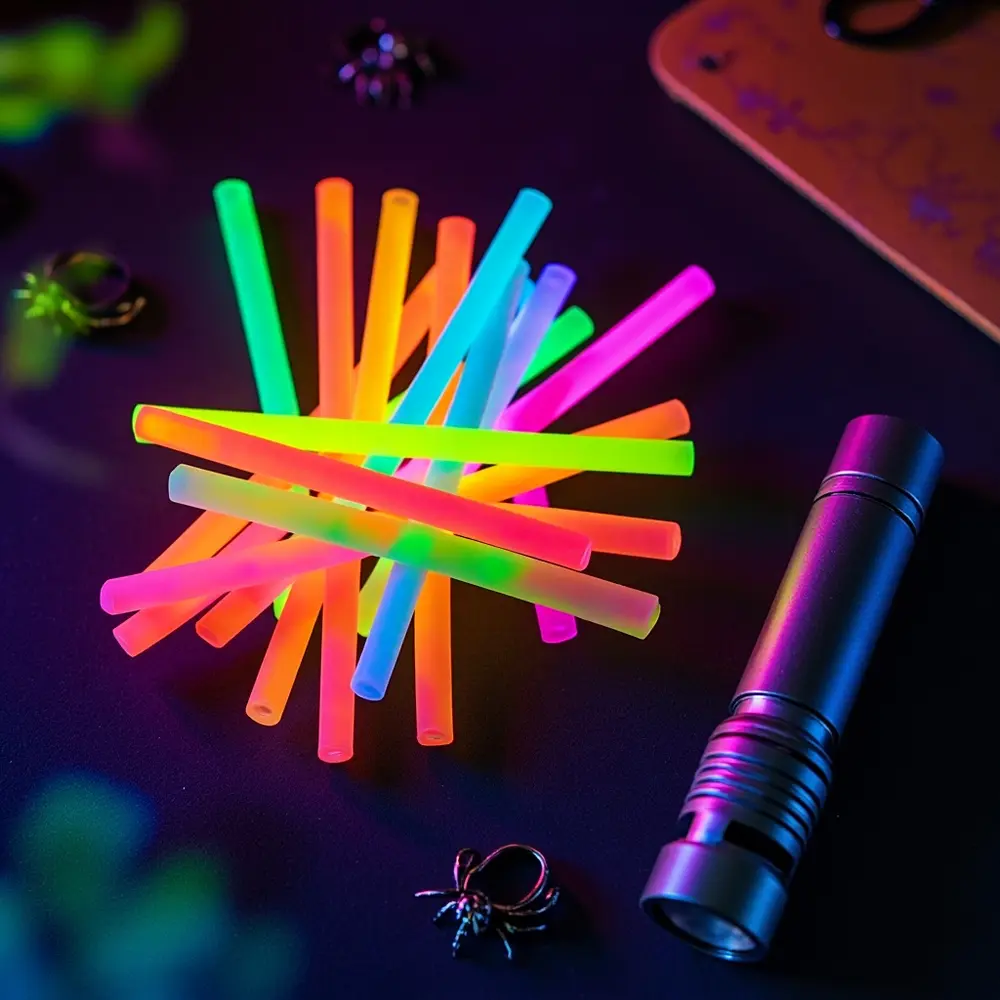 How to Set Up an Epic Glow Stick Hide and Seek Game 1 Image-1: A flat-lay photo showing a pile of colorful, unactivated glow sticks, a flashlight, and a few small spider rings on a dark surface.