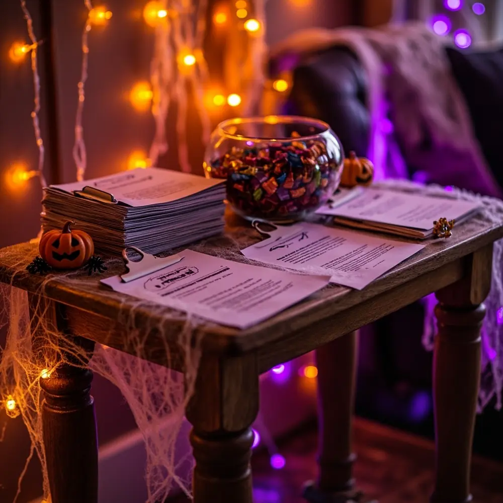 How to Organize a Halloween-Themed Scavenger Photo Hunt 1 Decorated atmospheric for the halloween up corner stacked candy bowl scavenger sheets set neatly a clipboards table an and h3 is of in ready with room image shot clue 1 prizes hunt