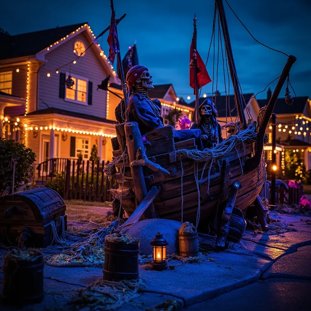 A Guide to the Best Neighborhood Halloween Decorations Tour 1 Wide blue pirates water treasure themed complete chests a partial immersive ship yard and simulate h3 to of with skeleton image shot 1 detailed pirate highly lighting