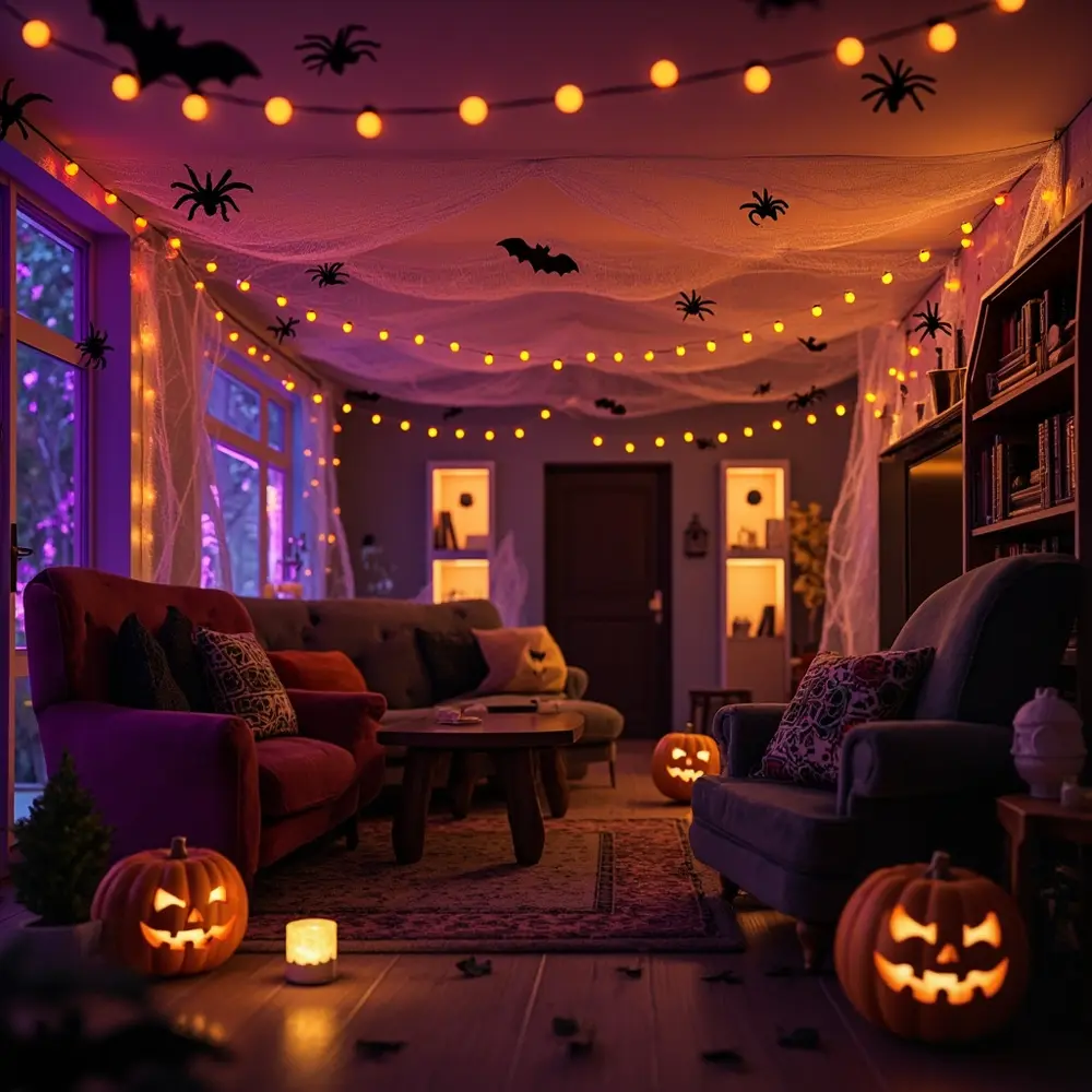How to Organize a Halloween-Themed Scavenger Photo Hunt 1 Orange furniture spiderwebs the showing transformed living over a purple o lanterns and fake h3 draped with jack photo room image corners strong string 1 few grinning from 8217 lights