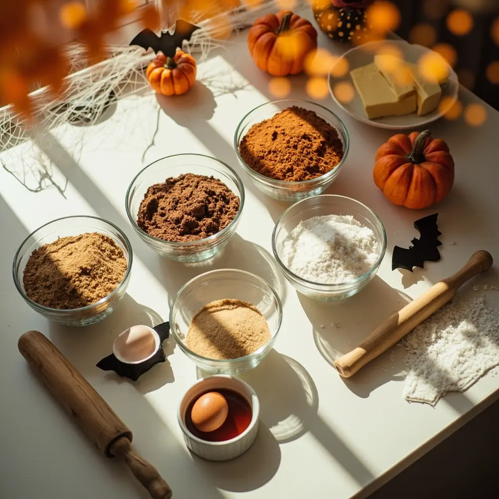 Recipe: Spiced Chocolate Bat Cookies for a Spooky Treat 1 Image-1: A neat “mise en place” shot showing all the ingredients measured out in separate bowls on a kitchen counter, with the bat cookie cutter nearby.