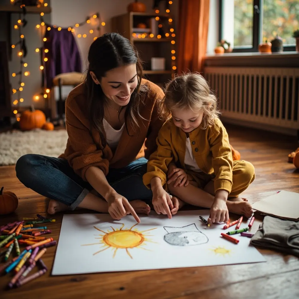 How to Create and Coordinate Mother-Child Matching DIY Costumes 1 Surrounded cozy together mother the they sitting smiling drawing her young idea pointing moon a child paper on and ve h3 of crayons at photo costume image are strong lit sun floor 1 by colorful both sketched warm 8217