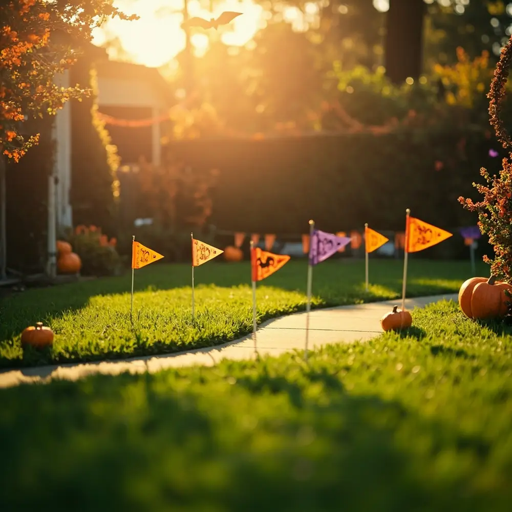 How to Create and Host a Backyard Costume Parade for the Neighborhood 1 Small wide halloween marked pumpkins clear neatly festive a h3 path of mowed with or image shot strong backyard by 1 flags walking
