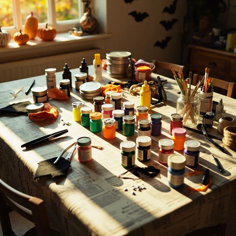 Eco-Friendly Fun: Creating Upcycled Halloween Decor from Cans and Jars 1 Image-1: A well-organized crafting table covered with newspaper, showing neat piles of clean cans, jars, paints, brushes, and other supplies.