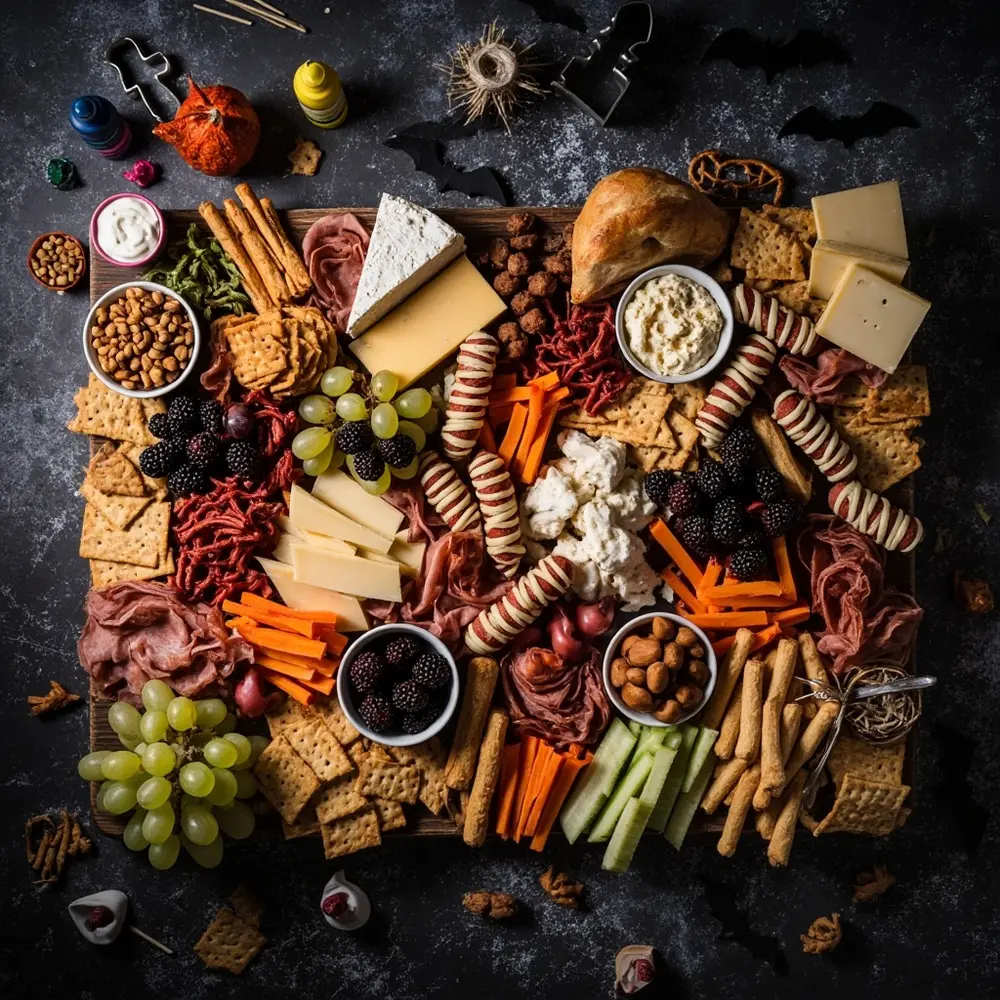 How to Create an Instagram-Worthy Haunted Snack Board 2 Image-1: A flat-lay photo showcasing all the necessary ingredients and tools neatly arranged on a dark tabletop, ready for the project.