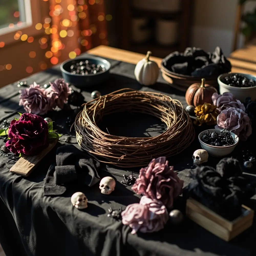 Image-1: An overhead shot of a clean, organized crafting space. A black tablecloth covers the table, with a wreath base in the center and various decorative elements (flowers, skulls, ribbons) sorted into neat piles around it.